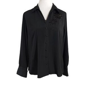 Covington Shirt Top Medium 10/12 Black Beaded Applique Button Up Long Sleeves